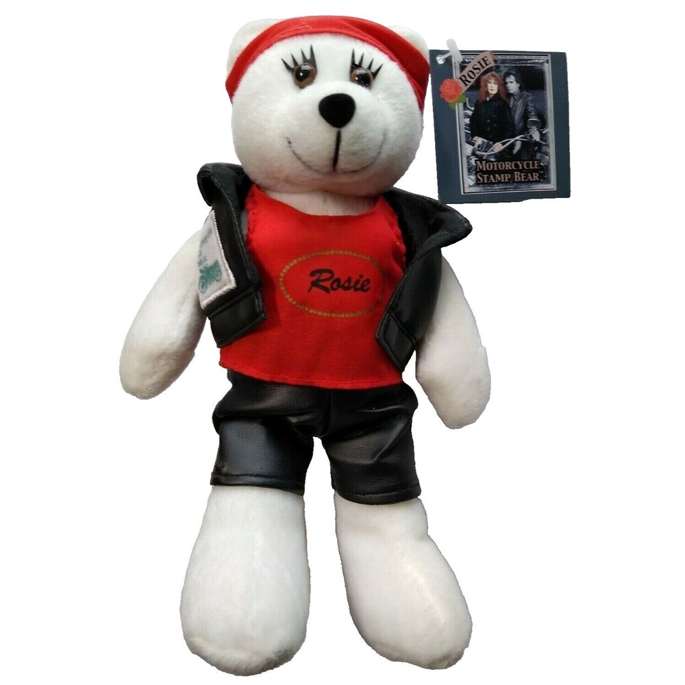 Motorcycle Leather Rosie White Girl Bear Stamp Plush Toy Doll Tags & Hanger 2003